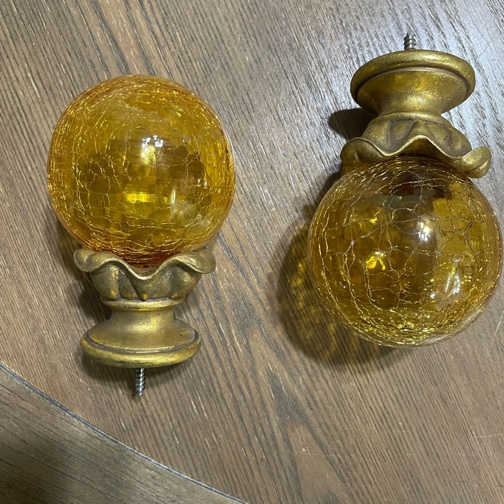 Amber Crackle Glass Finial Pair - Decorative Home Accent in
